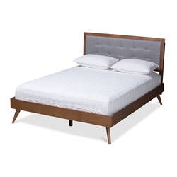 Baxton Studio Ines Mid-Century Modern Light Grey Fabric Upholstered Walnut Brown Finished Wood Queen Size Platform Bed